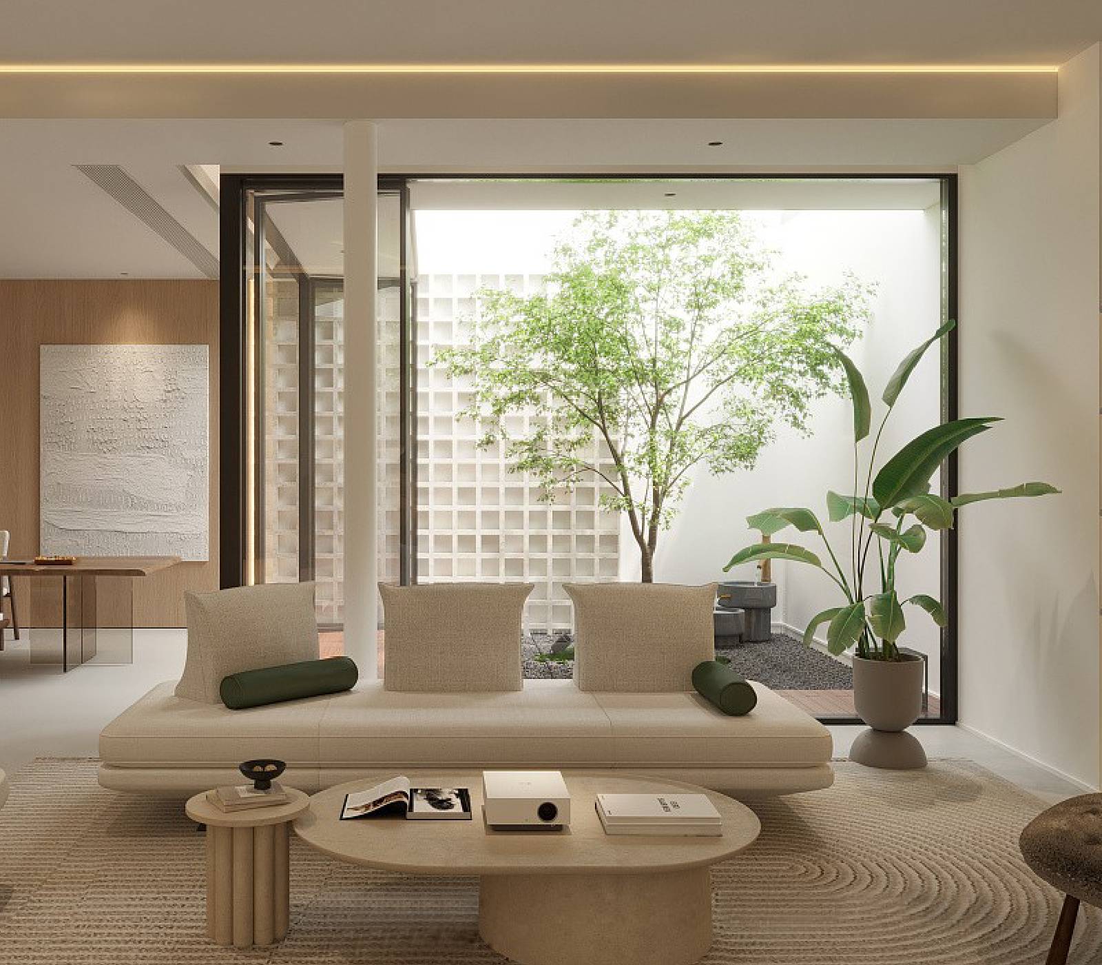 Sunlit renovated living room with warm natural textures