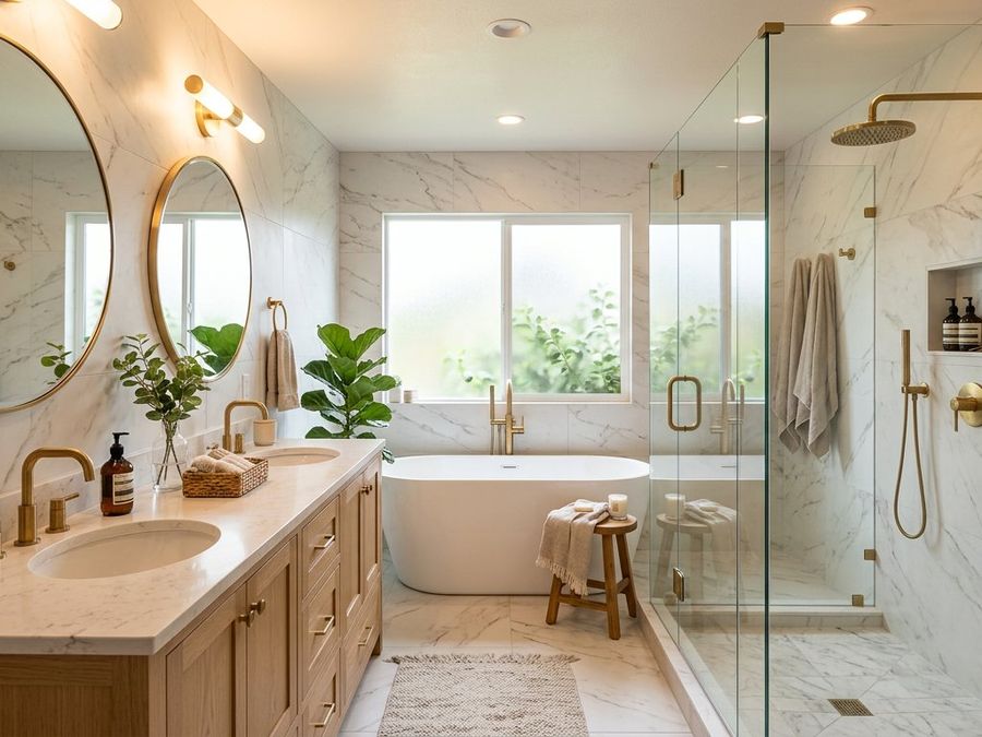Luxury remodeled bathroom with walk-in shower and freestanding bathtub