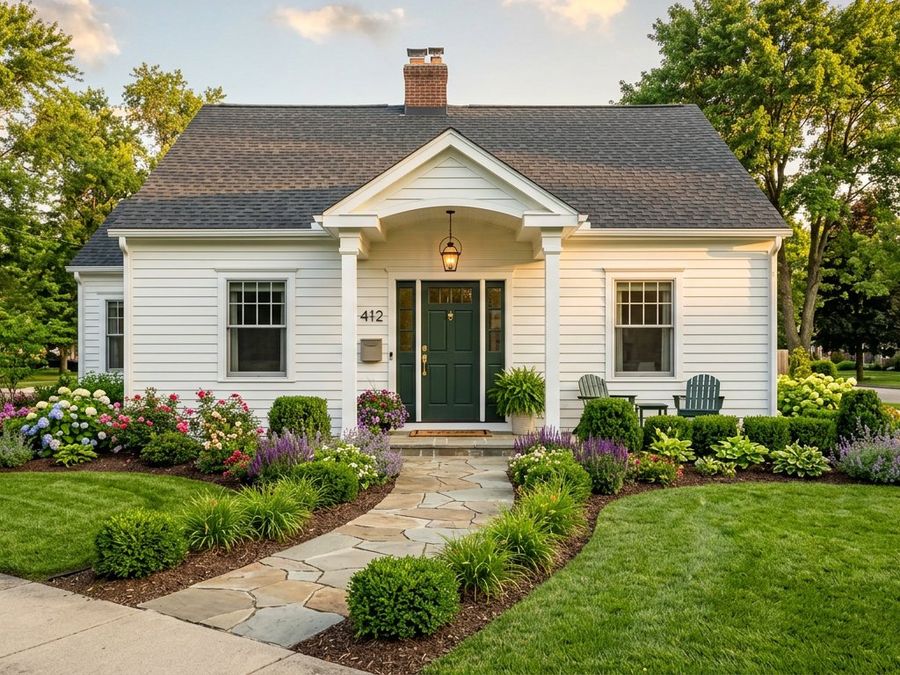 Renovated home exterior with a landscaped garden and flower beds