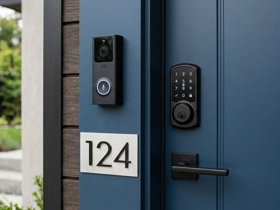 Smart home security devices installed on a front door